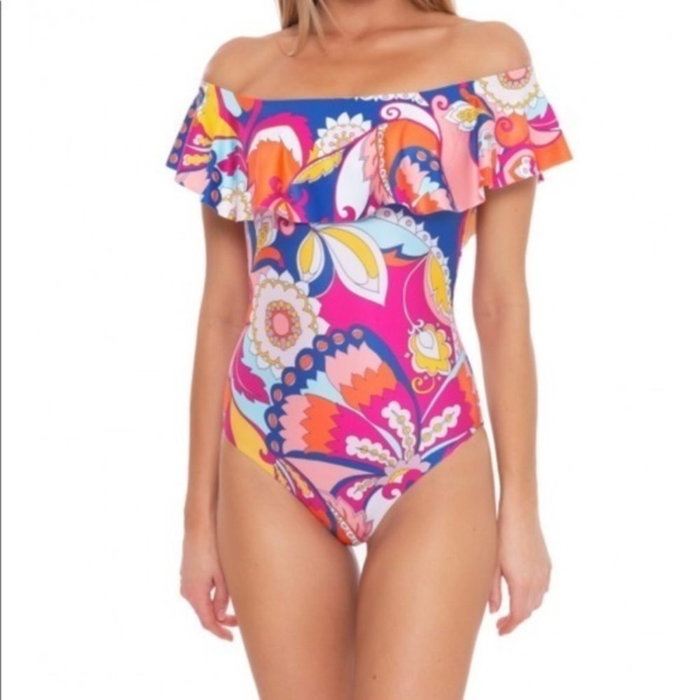 Trina Turk Sevilla off the shoulder‎ one piece swimsuit 14 NWT